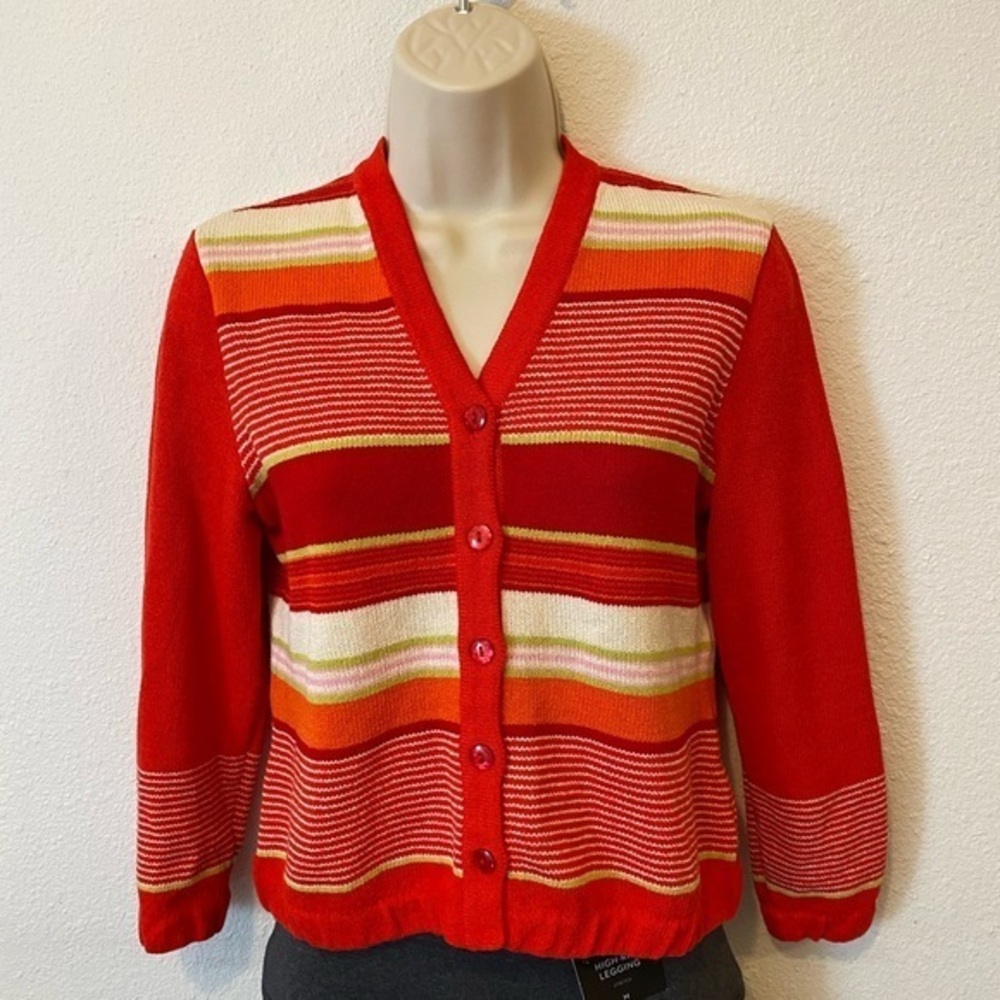 St. John Sport By Marie Gray Red and Orange Striped Cardigan Women Size P